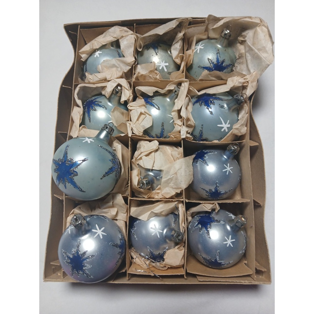 Rare 12 Vtg MCM Blue Glass Atomic Star Sputnik Christmas Ornaments Poland